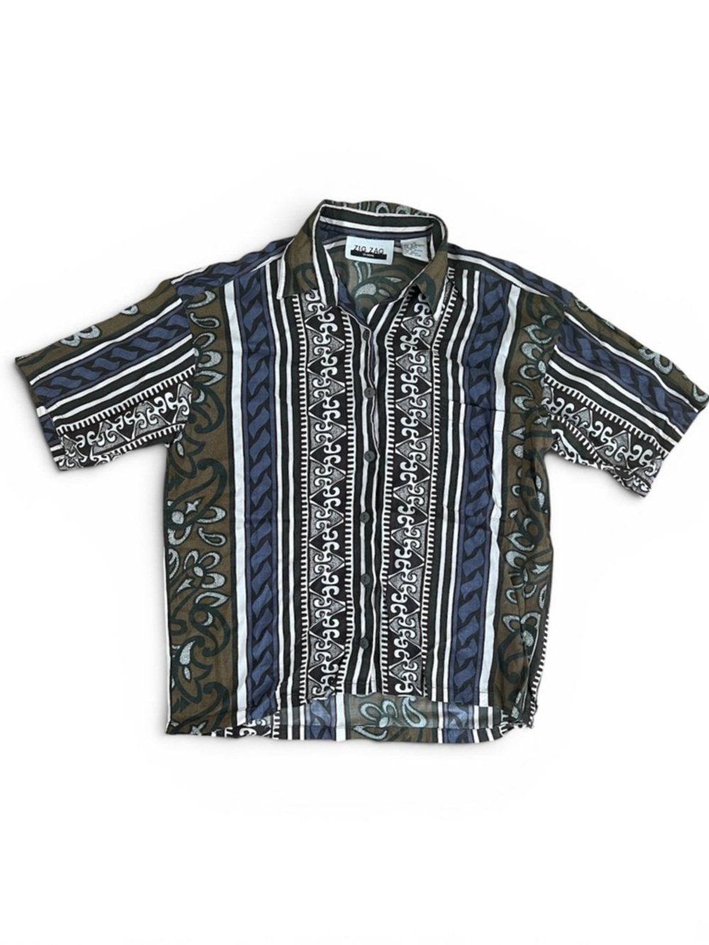 VINTAGE 90s Zig Zag Rayon Batik Geometric Striped Shirt - Medium
